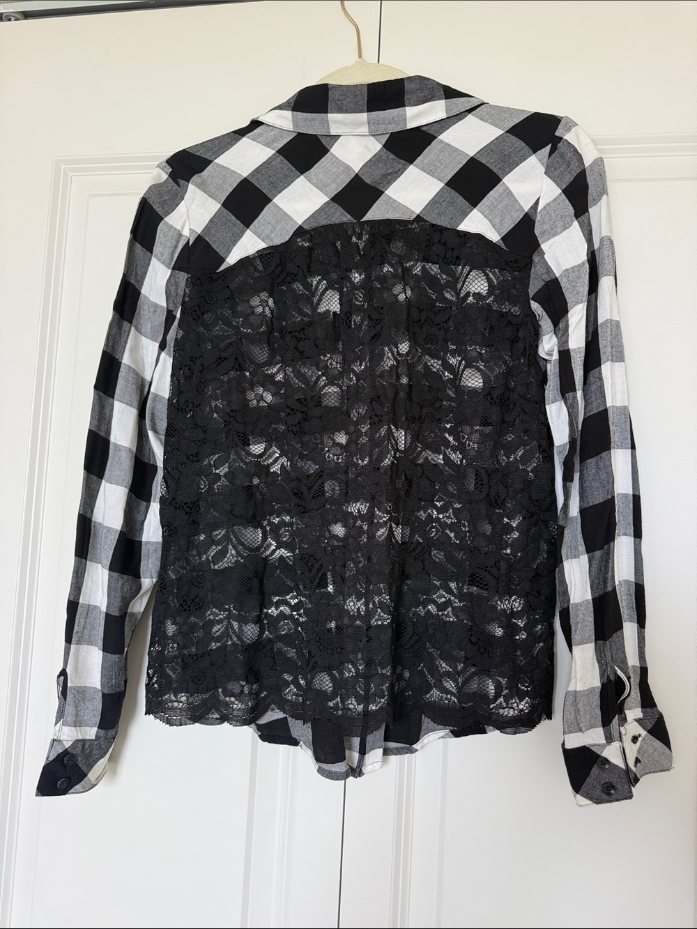 Kensie Black & White Buffalo Plaid Button-Down Shirt with Lace Back Detail